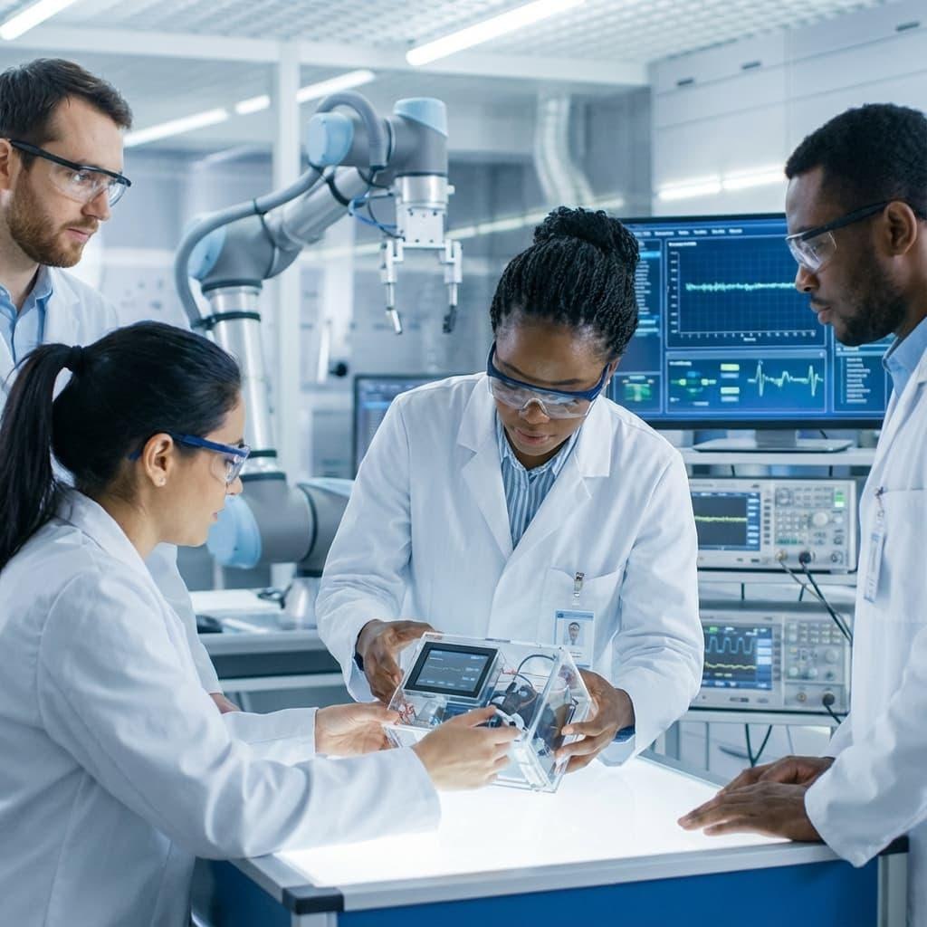 Healthcare professionals collaborating around medical technology